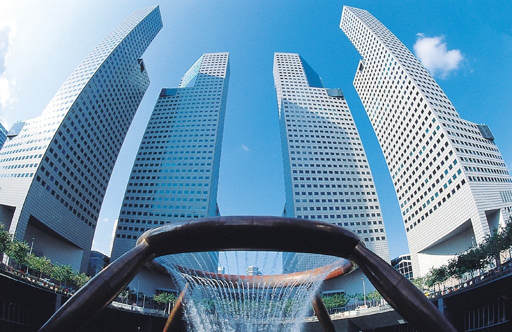 Suntec City towers and fountain in Singapore
