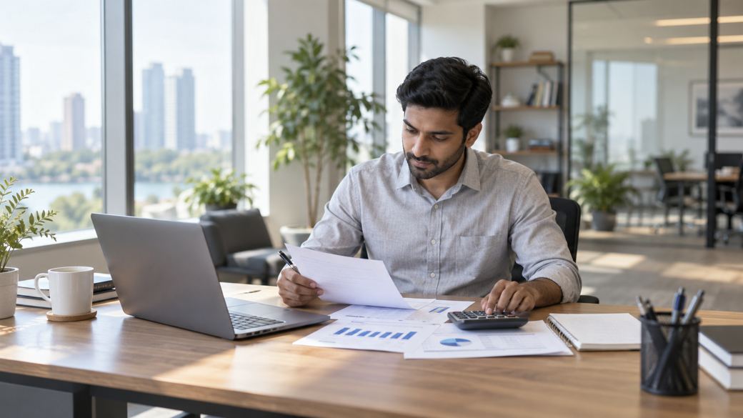 Finance professional working at a laptop