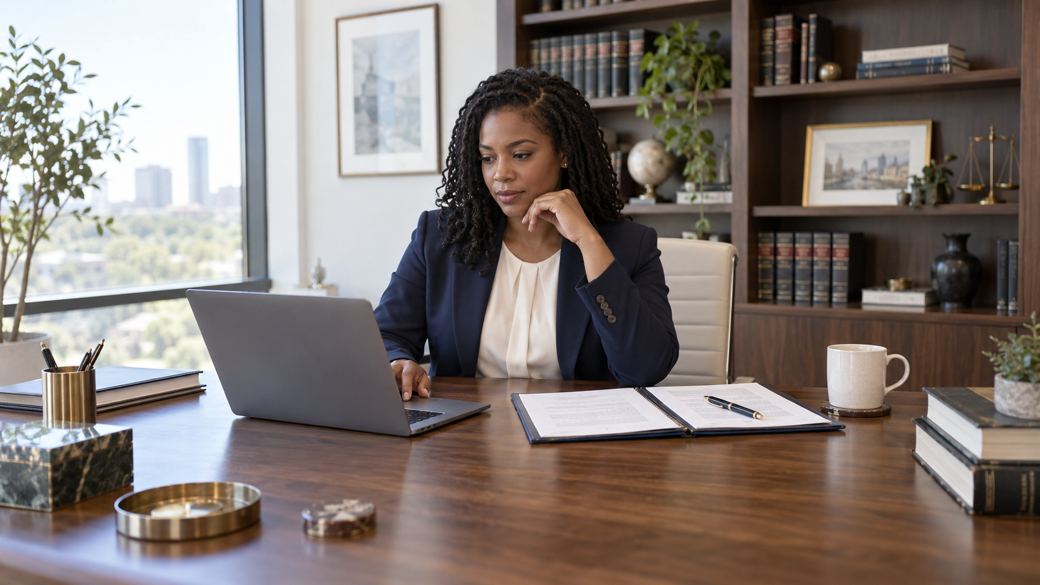 Legal professional working at a laptop